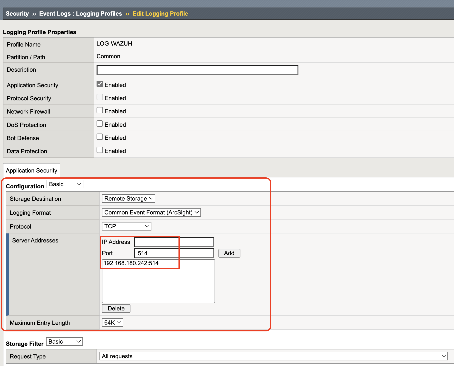 F5 logging profile