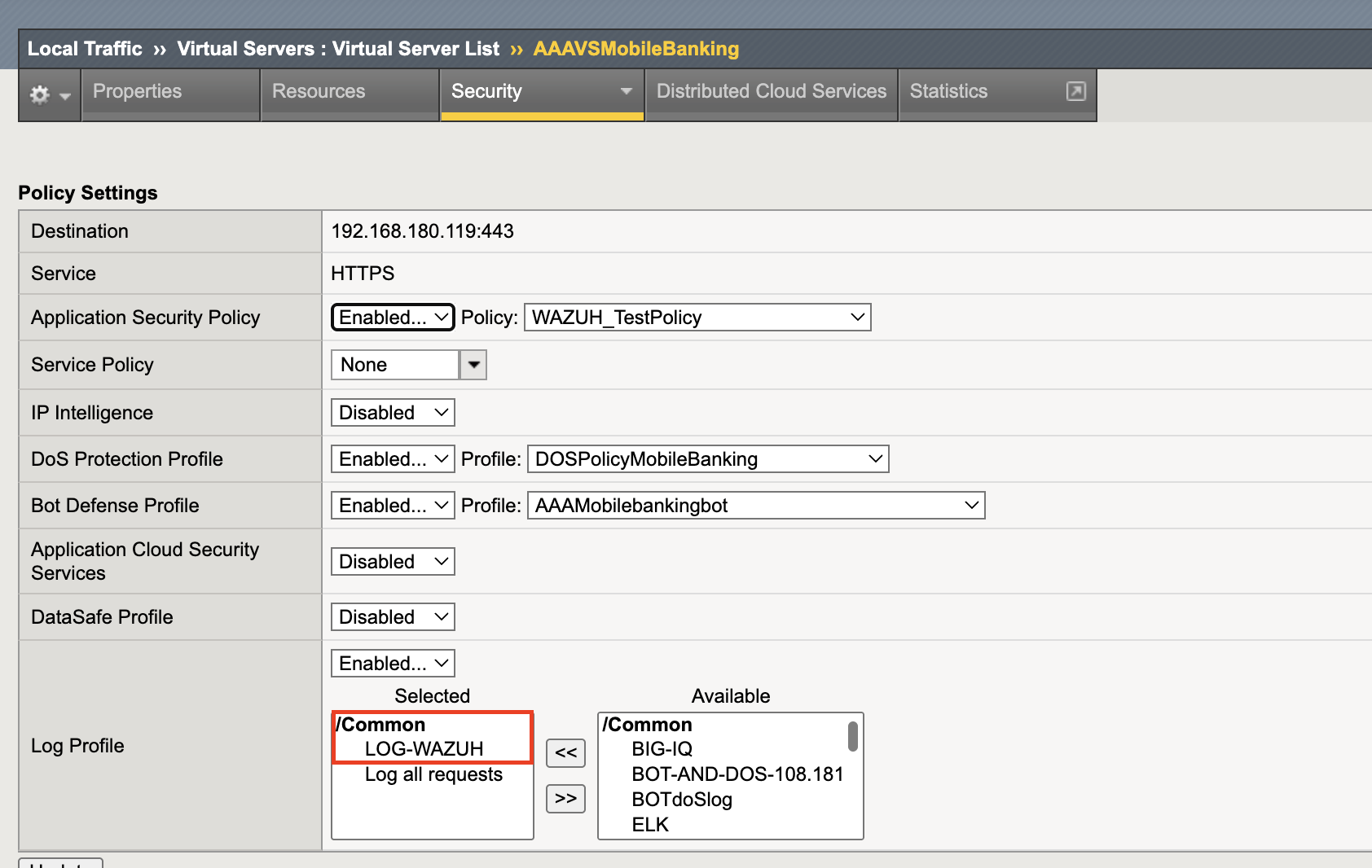 Attach logging profile to virtual server